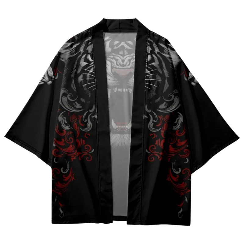 Japanese Anime Tiger Print Trend Cardigan Women Men Harajuku Cosplay Black Shirts Yukata Fashion Haori Kimono