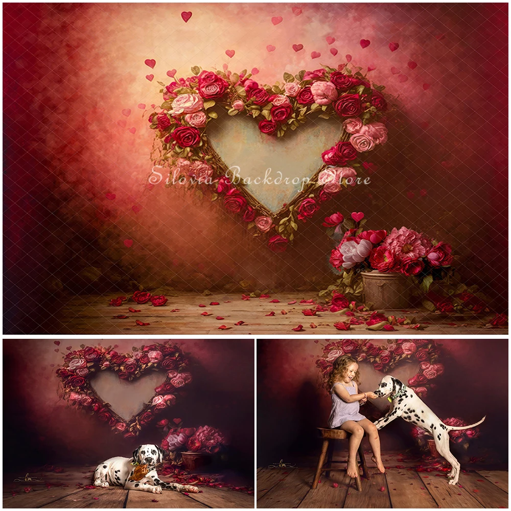 

Floral Heart Wall Valentines Day Photo Background Red Rose Cake Smash Photography Backdrop Children Birthday Photo Studio Props