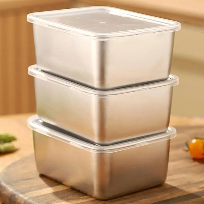 Stainless Steel Square Plate With Lid Rectangular Food Storage Pan Commercial Dish Tray Large Refreshing Lunch Box Container 3