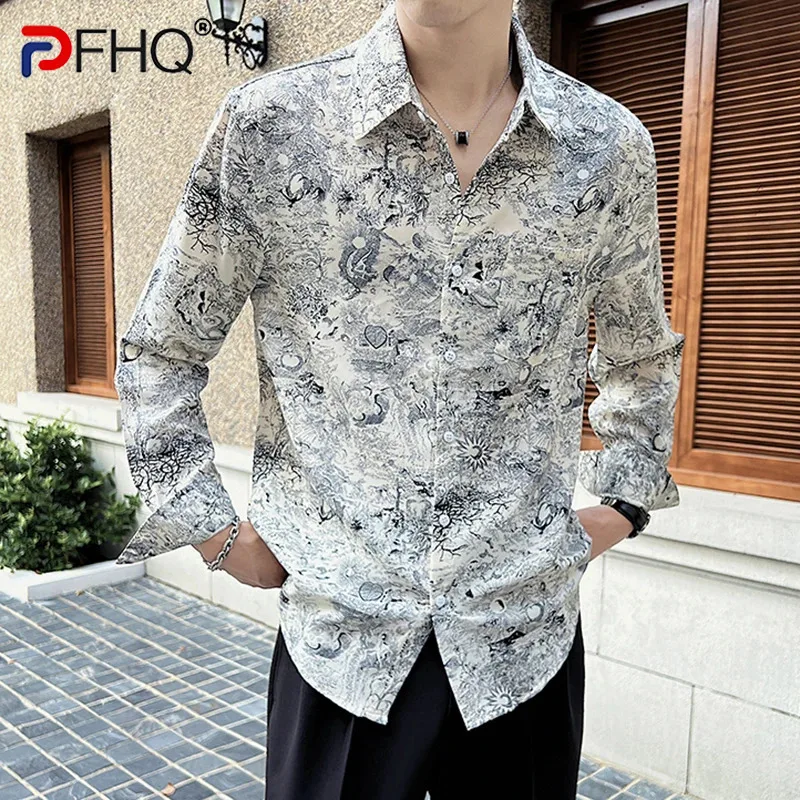 

Мужская тонкая рубашка PFHQ, модная однобортная свободная летняя простая дышащая шикарная рубашка с принтом абстракции, 21Z3900