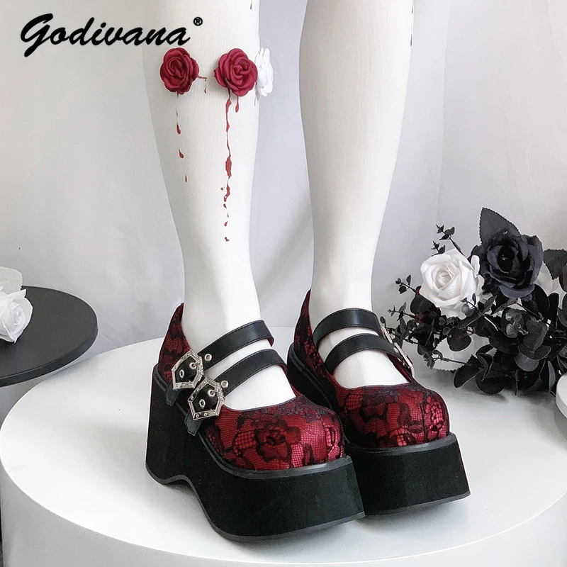 Retro Round Head Punk Shallow Mouth Platform Shoes Sub-Culture Muffin Bottom Height Increasing Women Lace Shoes High Heels