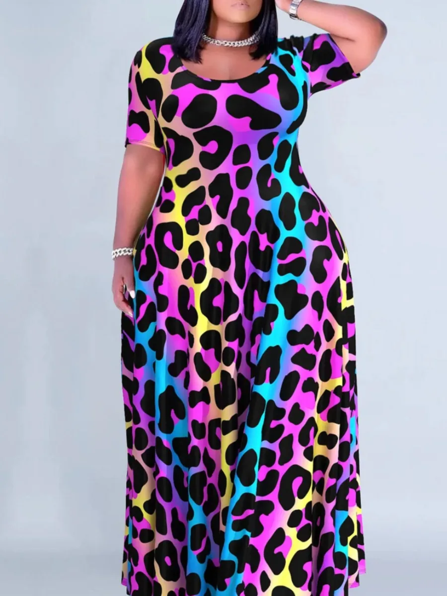 LW Plus Size dress Gradient Animal Print A Line Dress summer short sleeve loose dress vestido casual women's clothing maxi dress