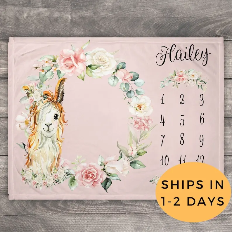 

Baby Milestone Blanket Girl, Newborn Personalized Blanket, Llama Blanket, Baby Growth Chart, Floral Animals Nursery Decor, Llama