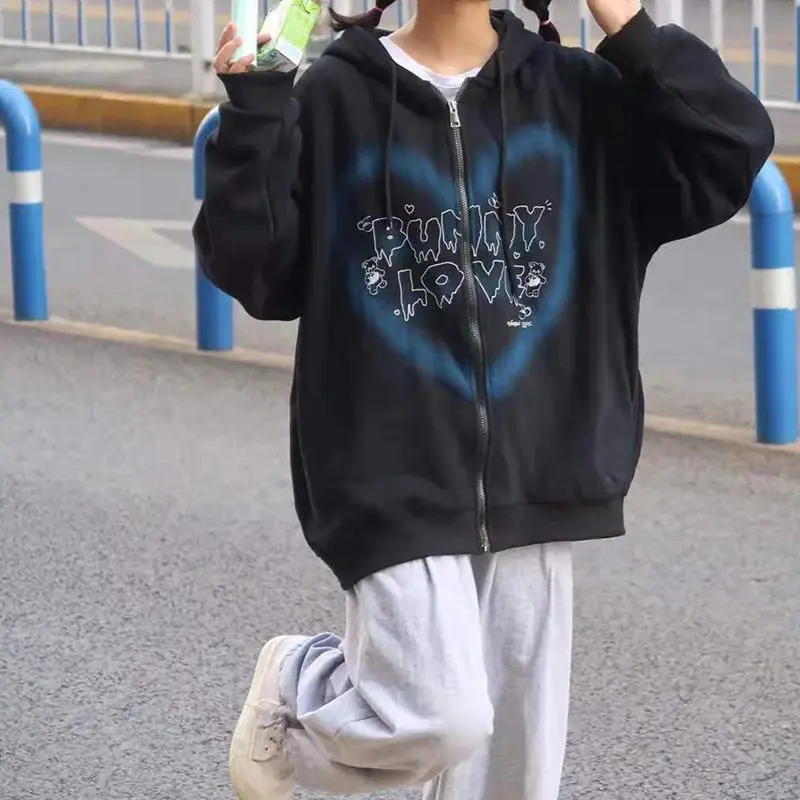 

2022Spring and Autumn New Style Autumn and Winter Hong Kong Style Love Street Japanese Unisex Loose Couple Zipper Hooded Sweater