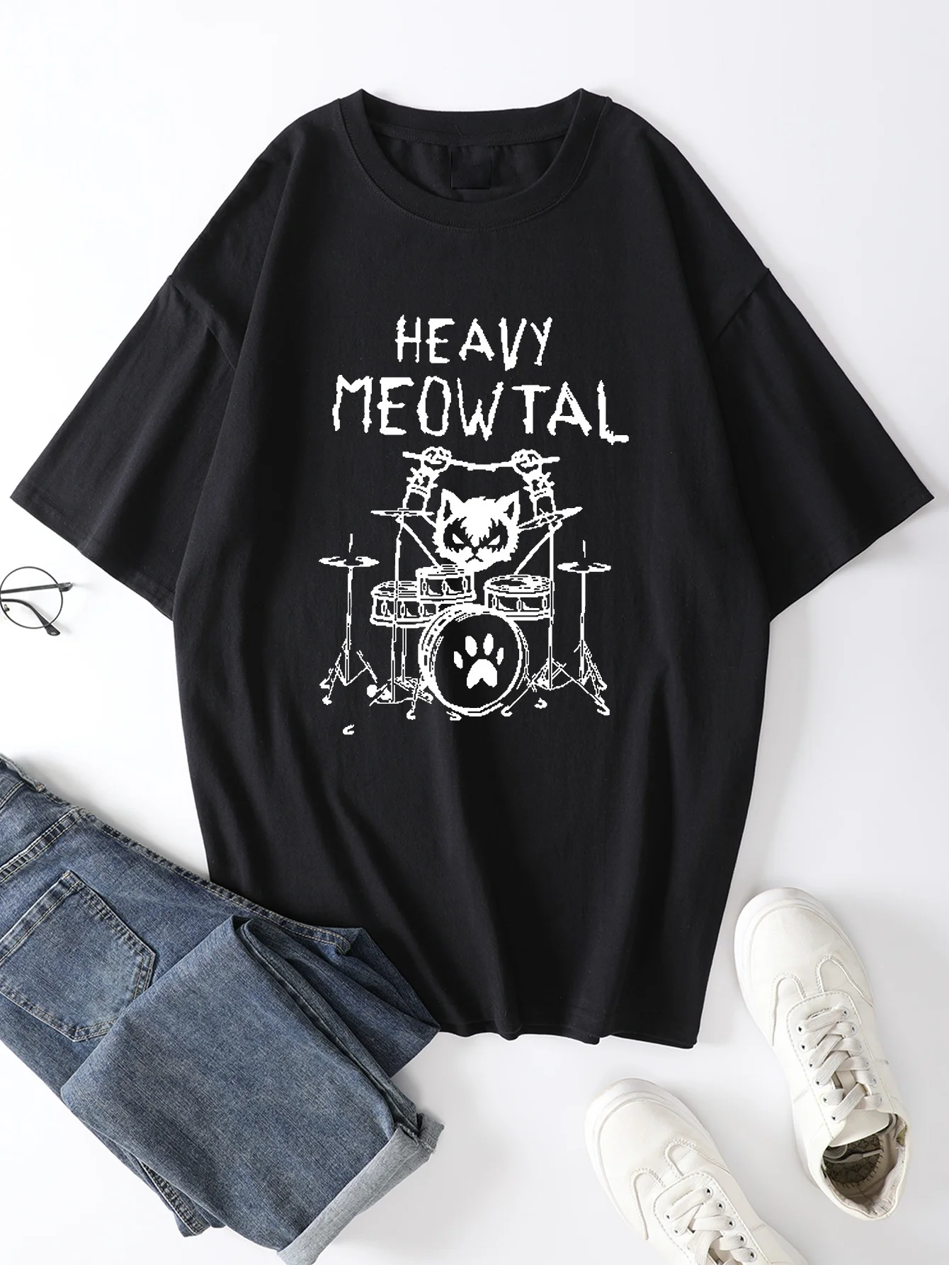 Coole RockCat PlayingDrumsPrint-T-Shirts für Herren, lässiges Kurzarm-T-Shirt mit Rundhalsausschnitt, bequemes, atmungsaktives T-Shirt für alle Jahreszeiten