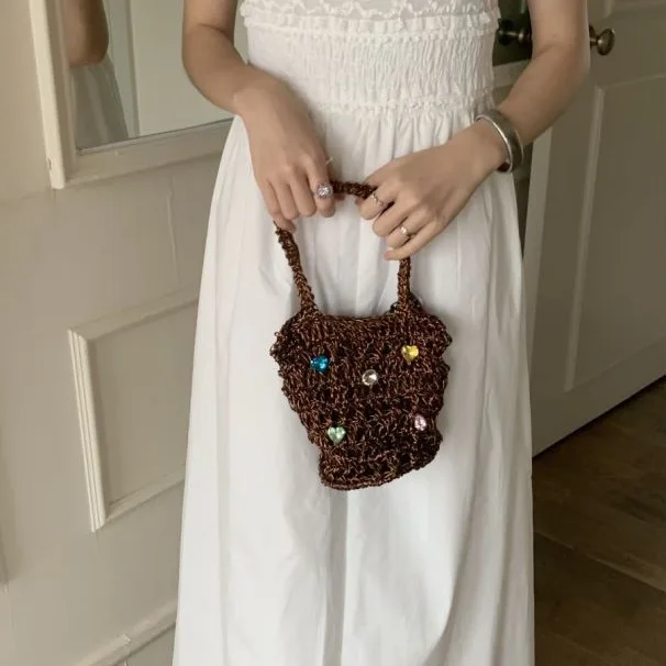 Ladies Summer Macrame Bucket Bag Phone Purse Handmade Hollow Out Cotton Rope Crochet Bag Small Handbag For Girls