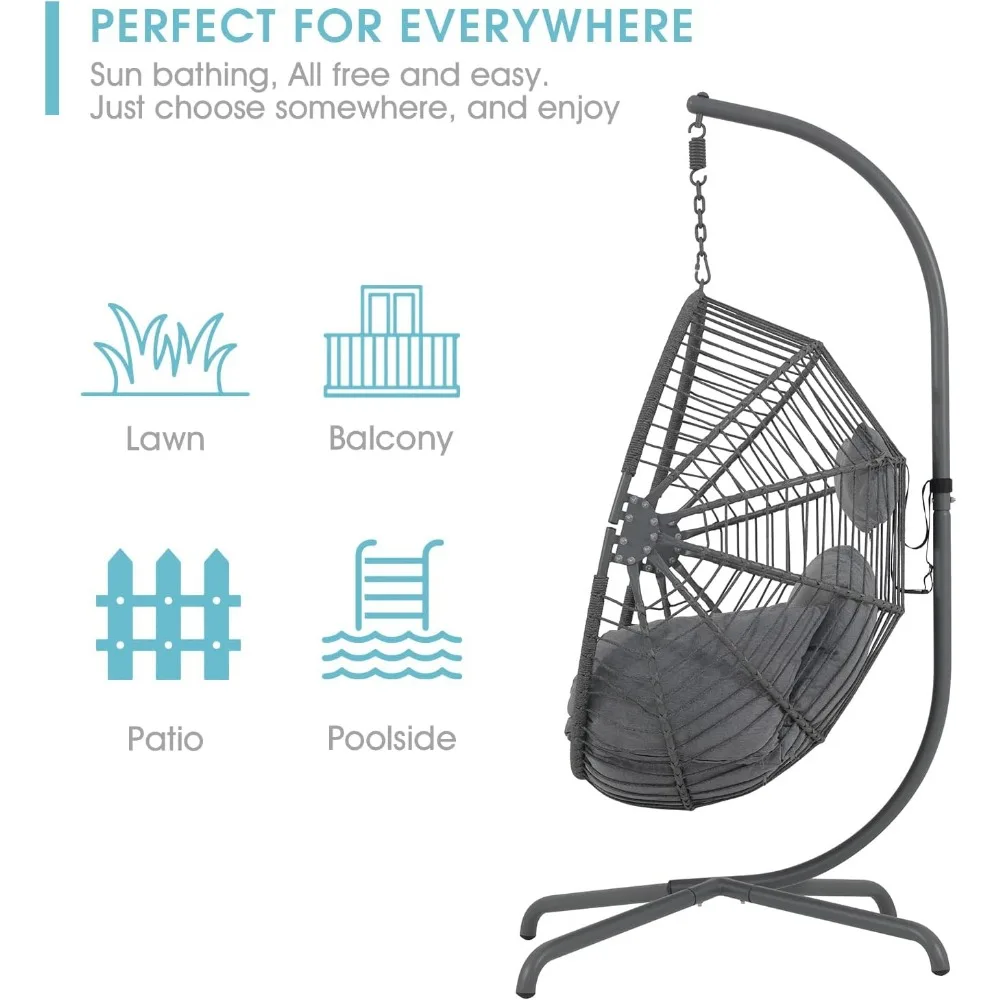 Indoor Outdoor Egg Swing Chair with Stand, Oversized Cocoon-Shaped Rope Woven Hanging Chair W/Cushion, Safety Strap 6
