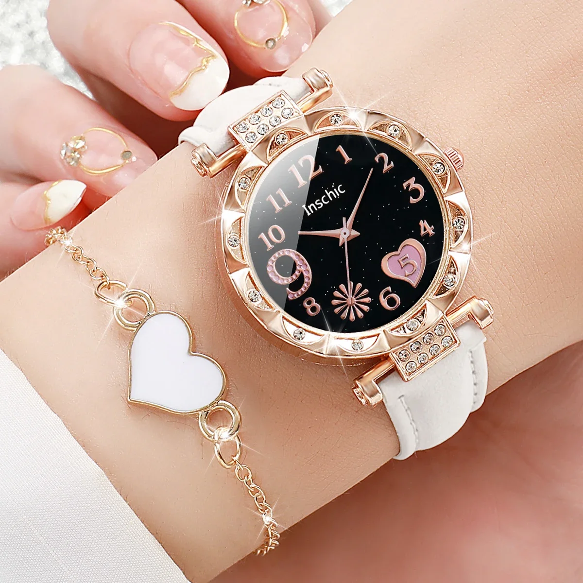 6PCS/Set Fashion Rhinestone Heart Women Quartz Watch Leather Band Wristwatches Bracelets Set（Without Box）