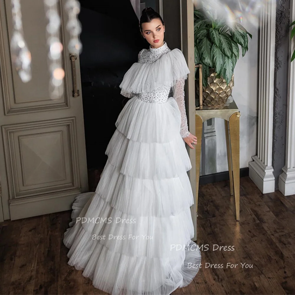 

Charming A Line Wedding Dress Ruffles Tiered Tulle Bride Prom Dresses Sequined High Neck Evening Party Bridal Gowns Formal Gown