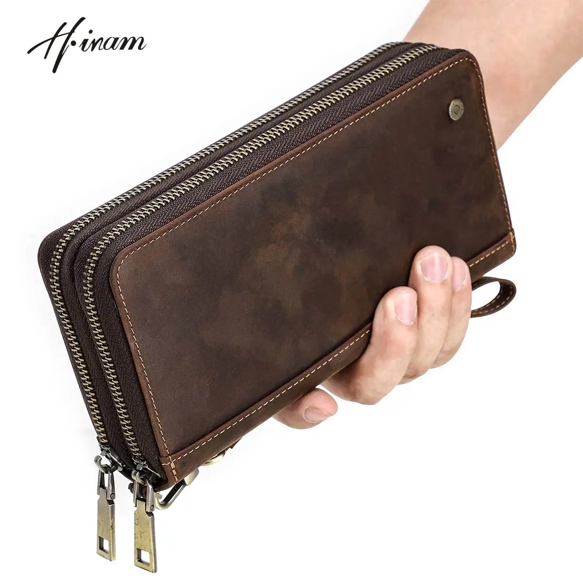 Vintage Men's Clutch Bags RFID Genuine Crazy Horse Leather Handbag Male  Long Money Wallets Phone Pouch Man Clutch Coin Purse