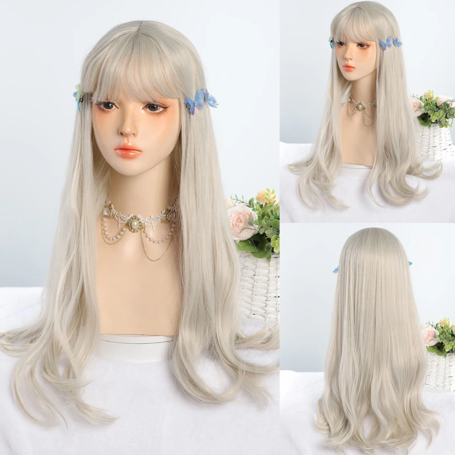 LANLAN Platinum Blonde Long Natural Wavy Synthetic Hair Wigs with Bangs Cosplay Party Halloween Wig for Women Heat Resistant
