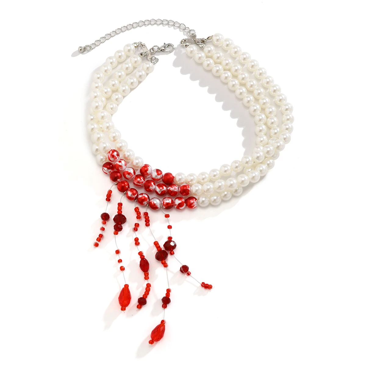 Mehr schicht ige Vintage rote Blut muster Imitation Perle Quaste Anhänger Halskette für Frauen Goth Kristall Perlenkette Halloween Schmuck – Detail 4