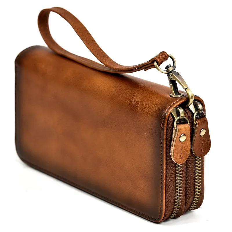 Luxury Brand Crazy Horse Leather Zipper Long Wallet Men's Clutch Double-layered Cash Card Holder