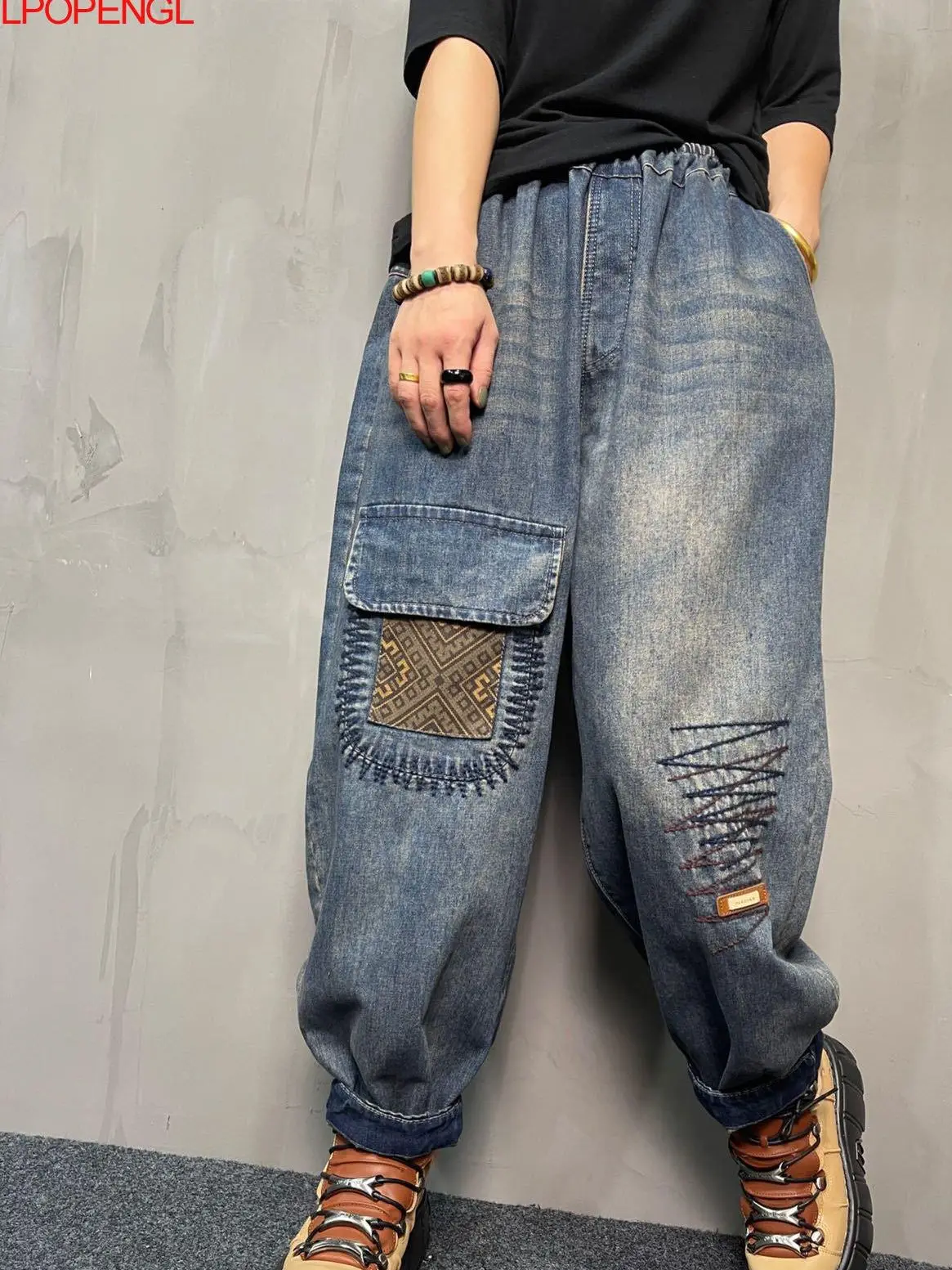 

Autumn Literary Vintage Elastic Waist Denim Ankle-length 2023 Woman Loose Pocket Patch Streetwear Oversized Harem Pants