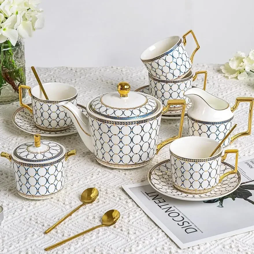 

CwlwGO- Bone China Tea Cup Sets,15-Piece Porcelain Tea Cup and Saucer Set Service For 4 Whit 28 Ounces Teapot
