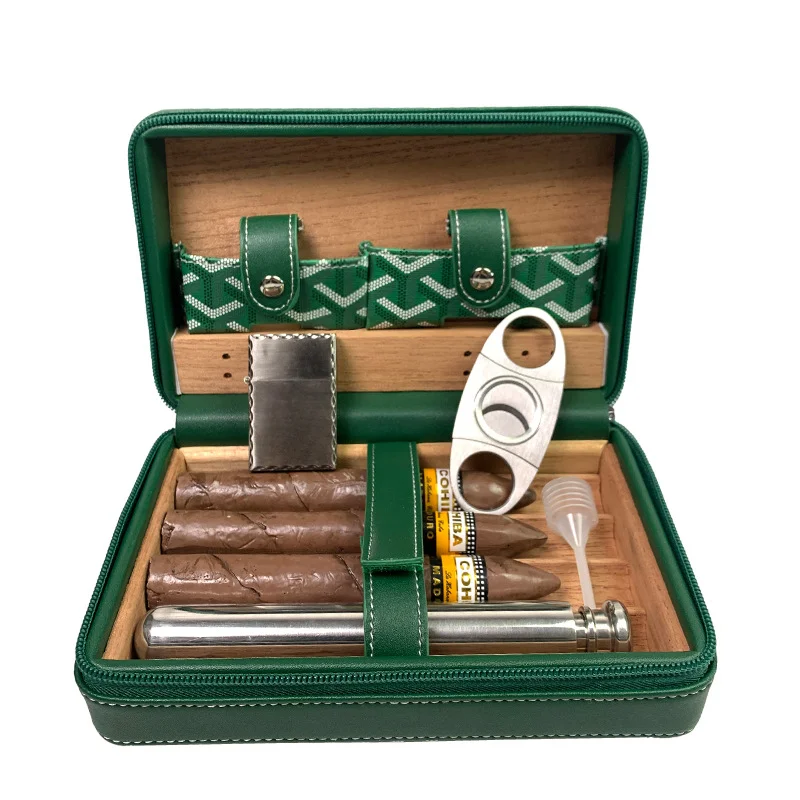 

JIBILL Portable cigar box ，cedar wood cigar humidor travel cigar case ，can store 4pcs large cigars and cigar accessories，green