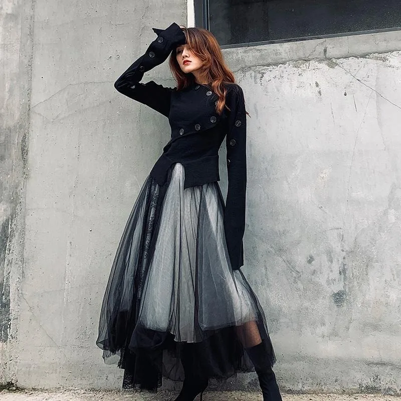 Harajuku Punk Long Skirts for Women Patchwork Gauze Chic Jupe 2025 Faldas Mujer De Moda Japanese Lace A-line Streetwear Skirt