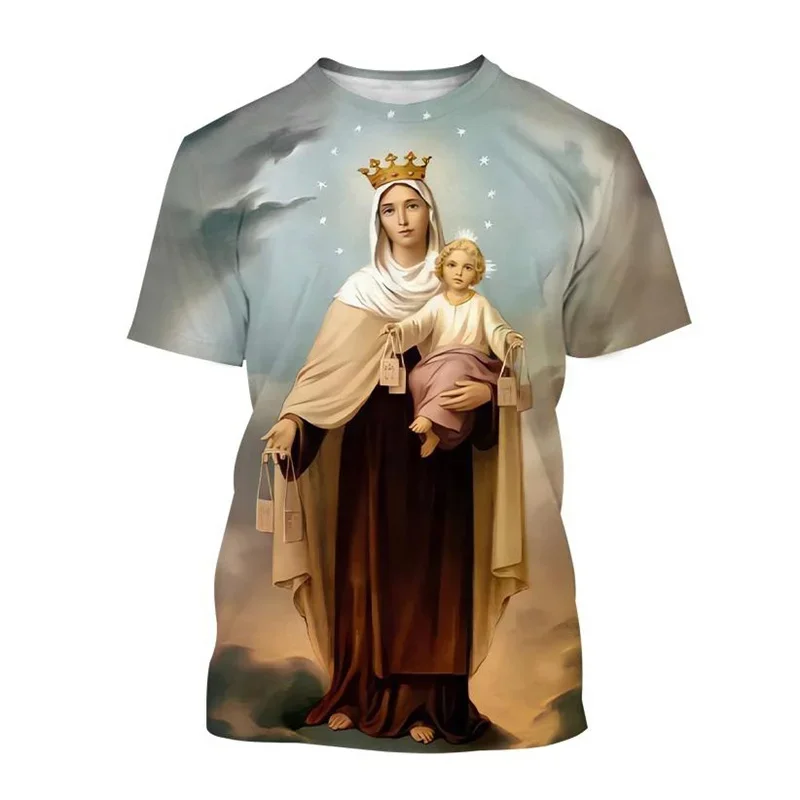 

Hot Selling Virgin Mary 3D printed T-shirt Personality Christianity Mother Of God Holy Child Tees Casual Short-sleeved T Shirt