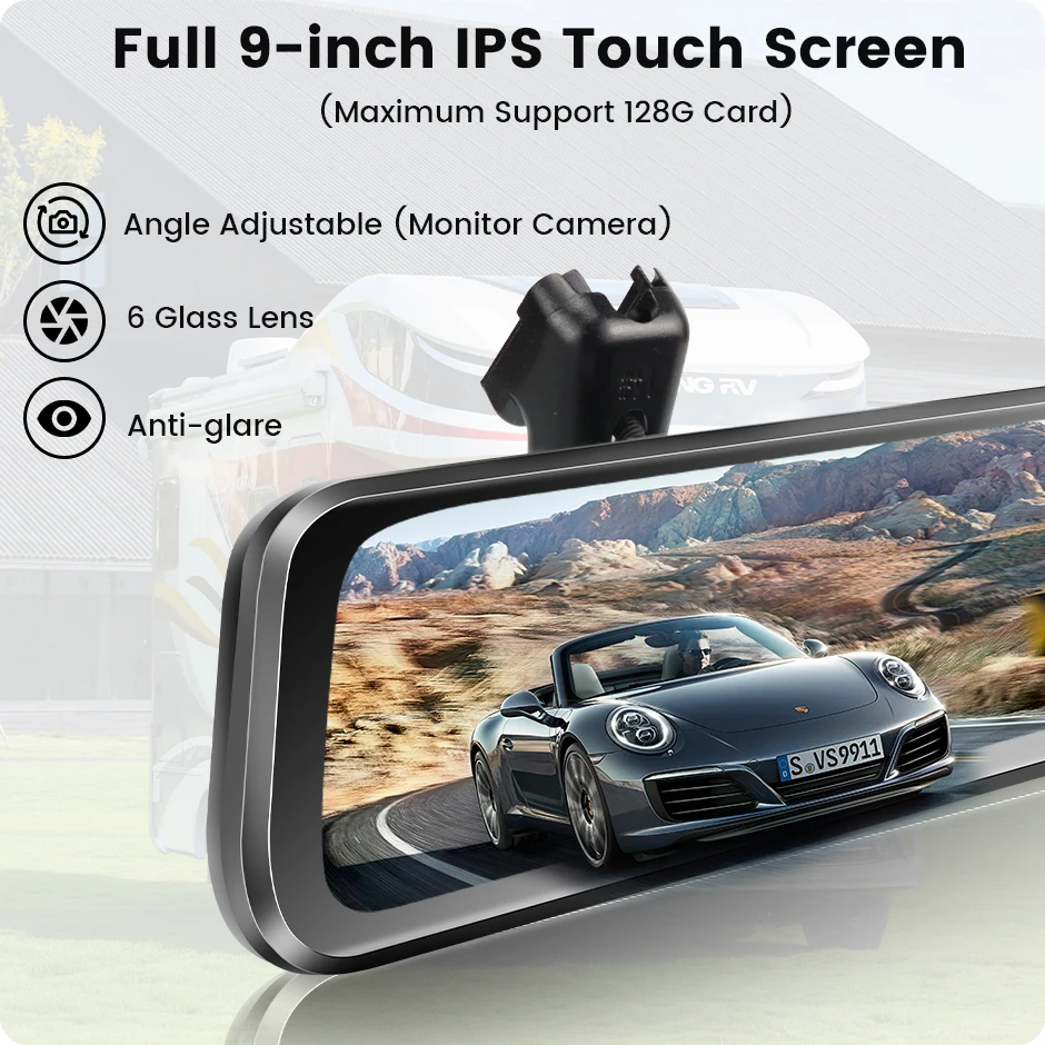 GreenYi 9인치 IPS 풀 HD 터치스크린 DVR 차량용 4K 주차 모니터 후방 카메라 레코더 블랙박스 듀얼 렌즈 비디오