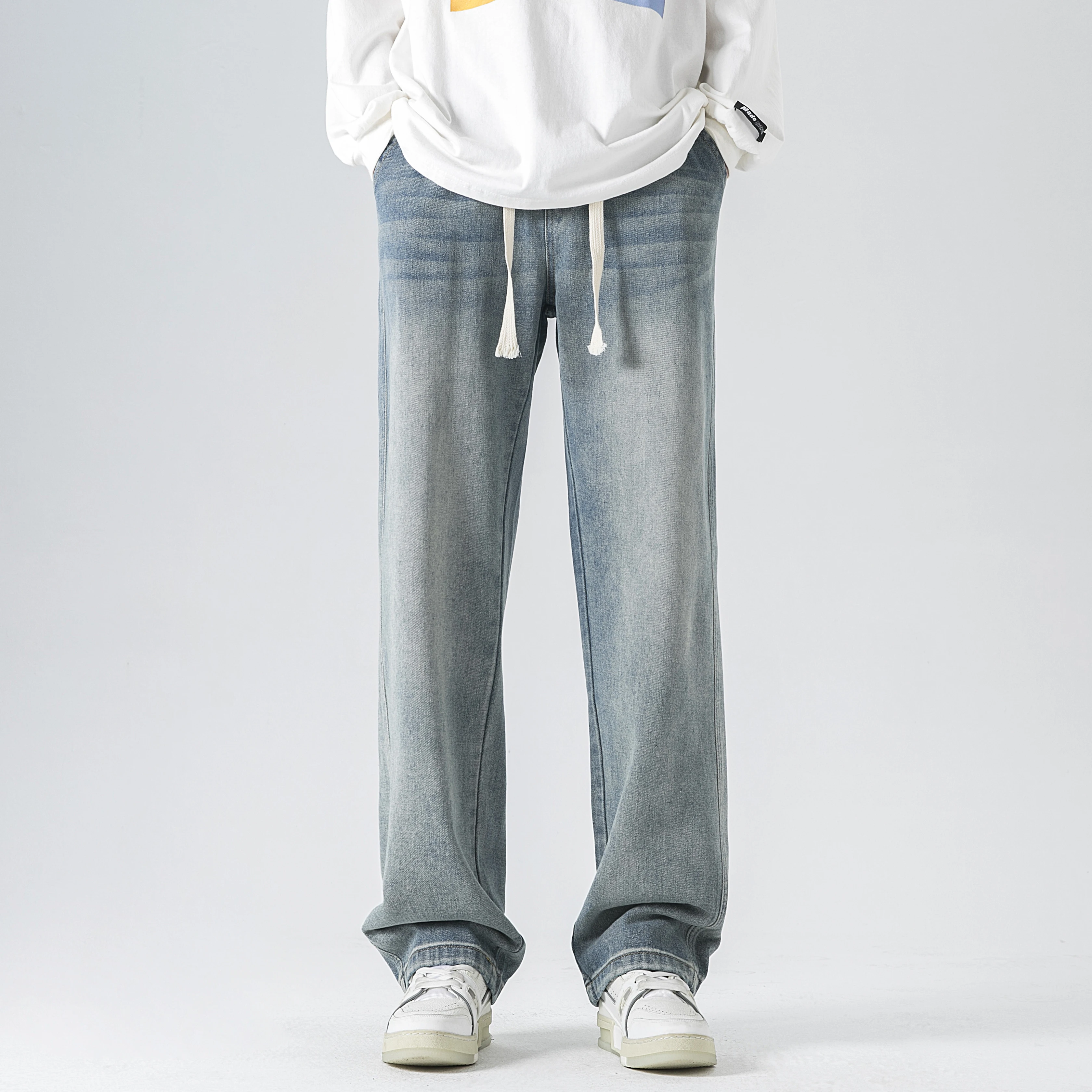Straight Loose Hip Hop Y2K Jeans for Men Drawstring Vintage Washed Baggy Denim Pants High Street Wide Leg Trouser Streetwear