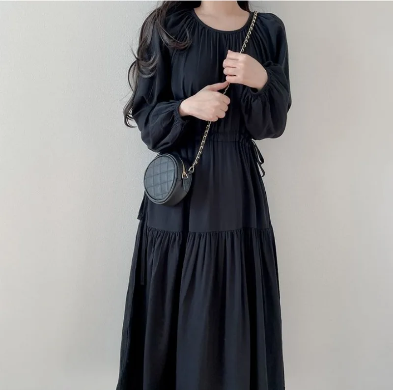 

2023 Japanese And Korean Fashion Casual Autumn Pullover Gentle Casual Round Neck Pleated Feeling Drawstring Waist Long Dress