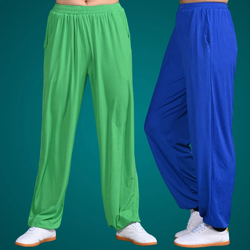 Ice Silk Stile Cinese Uomo Donna Tai Chi Arti Marziali Yoga Pant Gamba Larga Harem Con Pantaloni Della Tuta Tascabili Esercizio Casual Wushu Pant