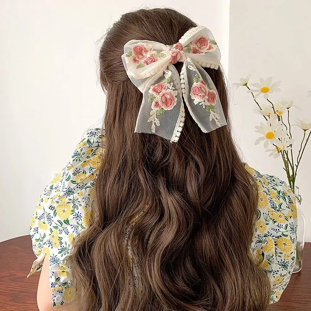 Fermaglio per capelli con fiocco in pizzo dolce ricamo floreale per lo Styling dei capelli morsetto a molla garza per capelli afferrare le donne ragazze