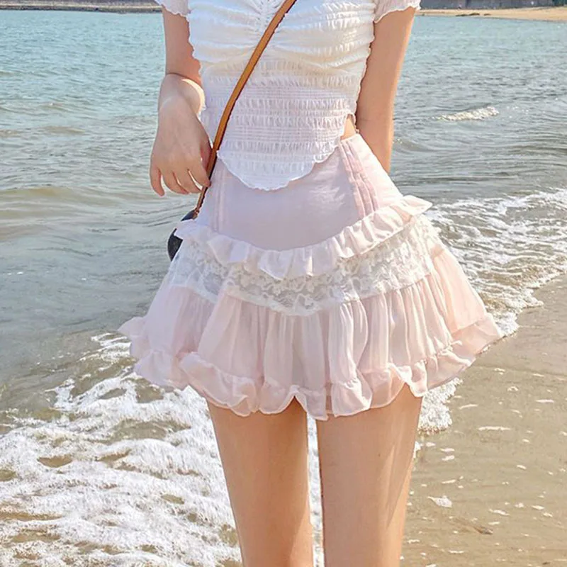 

Sexy Ruffles Short Skirts Women Korean Style High Waist Lace Patchwork Mesh Skirt Woman 2023 Summer Beach Pink Kawaii Mini Skirt
