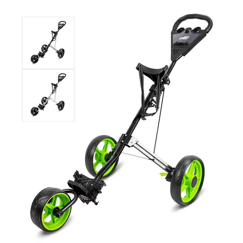 PLAYEAGLE Foldable 3 Wheels Push Swivel Pull Cart Golf Trolley with Umbrella Stand Golf Cart Bag Carrier