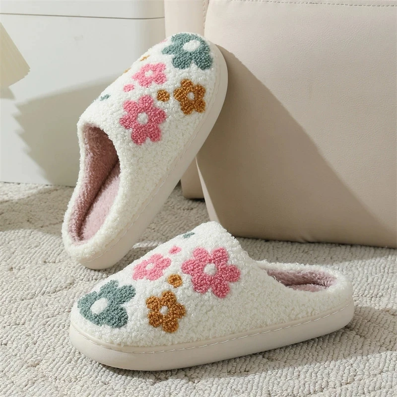 Winter Sweet Flower Print Indoor Slippers Women Closed Toe Flat Heel Cotton Slippers Woman Anti Slip Living Room Shoes Mujer
