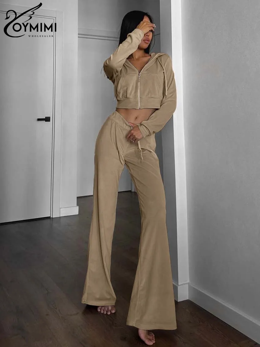 autumn winter knitting suit contrast color o neck oversize sweater baggy coat loose fitting wide leg trousers 2 piece set female Oymimi Fashion Knitting Brown 2 Piece Outfit Set Women Casual Hooded Long Sleeve Zipper Crop Tops And Drawstring Trousers Sets
