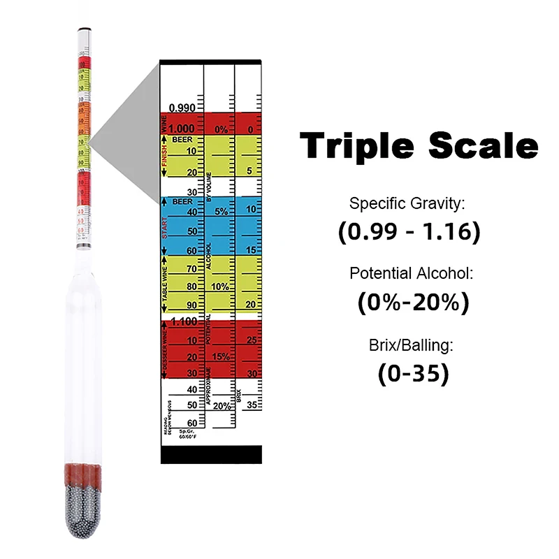 Triple Scale Hydrometer For Home Brew Wine Beer Cider Alcohol Testing 3Scale Hydrometer Wine Sugar Meter Gravity ABV Tester 1PC alcohol meter