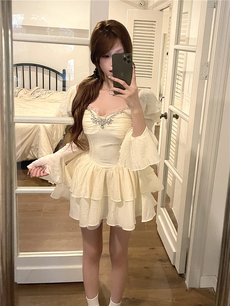 Y2K Black Short Dresses for Women Diamonds Square Collar Flare Sleeve High Waist A-line Birtheday Party Dress Prom Mini Vestidos