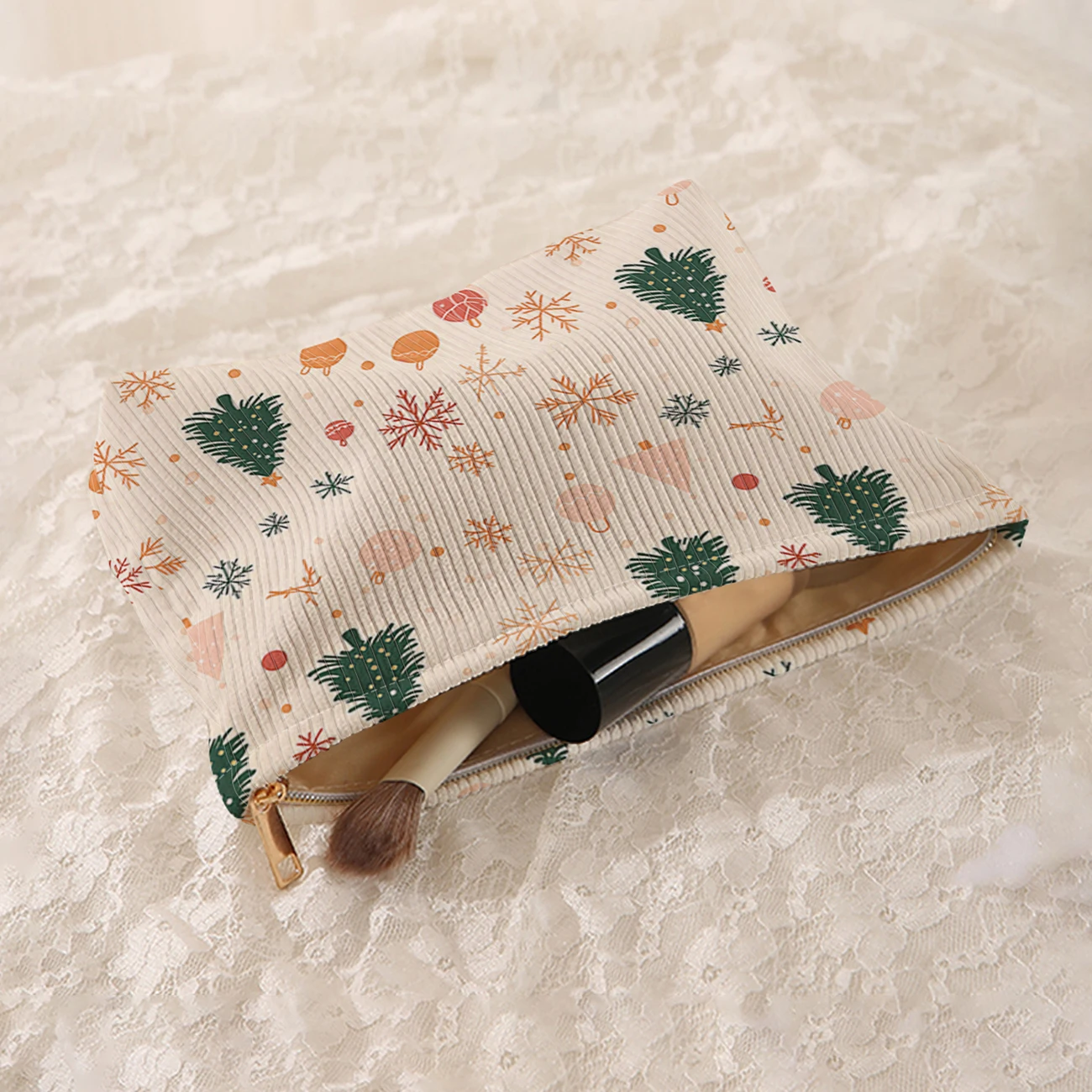 1 Christmas themed corduroy makeup bag, lightweight zipper makeup storage box, multifunctional bag with lining
