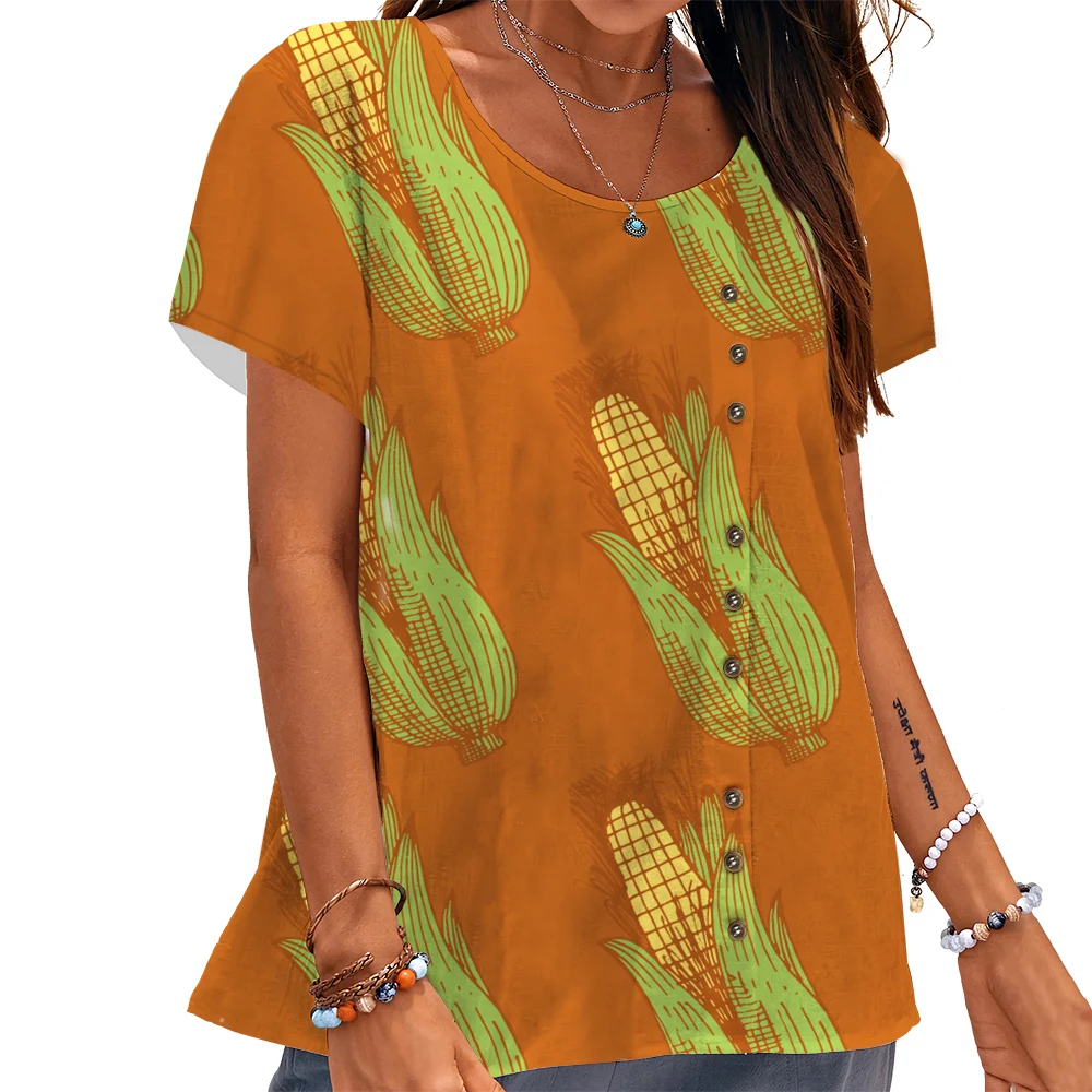 

CLOOCL Fashion Women T-shirt Watercolor Corn Graphics 3D Printed Tees Button Decorate Short Sleeve Blouse Oversized Kawaii Tops