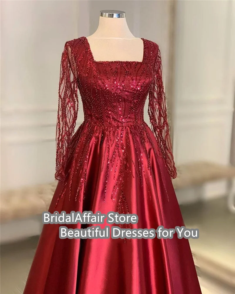 BridalAffair Shiny Red Lace Satin Long Prom Dresses Long Sleeve Square Neck Floor Length Dubai Arabic Women PatyFormal Gowns