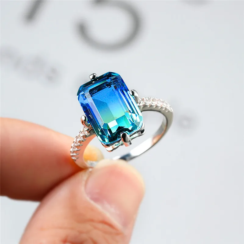 Female Trendy Rainbow Crystal Stone Classic Silver Color Thin Wedding Rings For Women Charm Bridal Square Engagement Jewelry