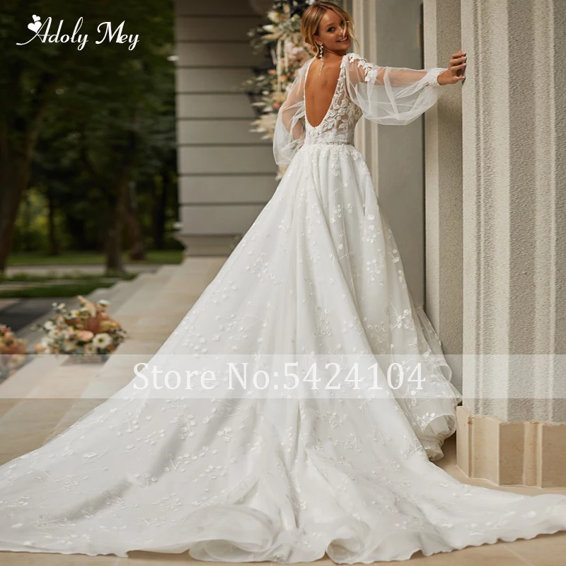 Adoly Mey Sexy Backless Long Sleeve Lace A-Line Wedding Dress Exquisite Appliques Sweetheart Neck Pleated Princess Bridal Gown