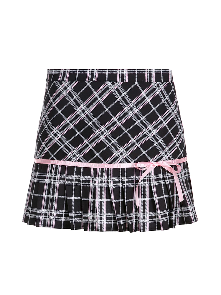 

Japanese Sweet Cute Plaid Skirt Women High Waist Bow Bandage Mini Skirt Harajuku Y2k E-girl Grunge Clubwear Tide Preppy Style