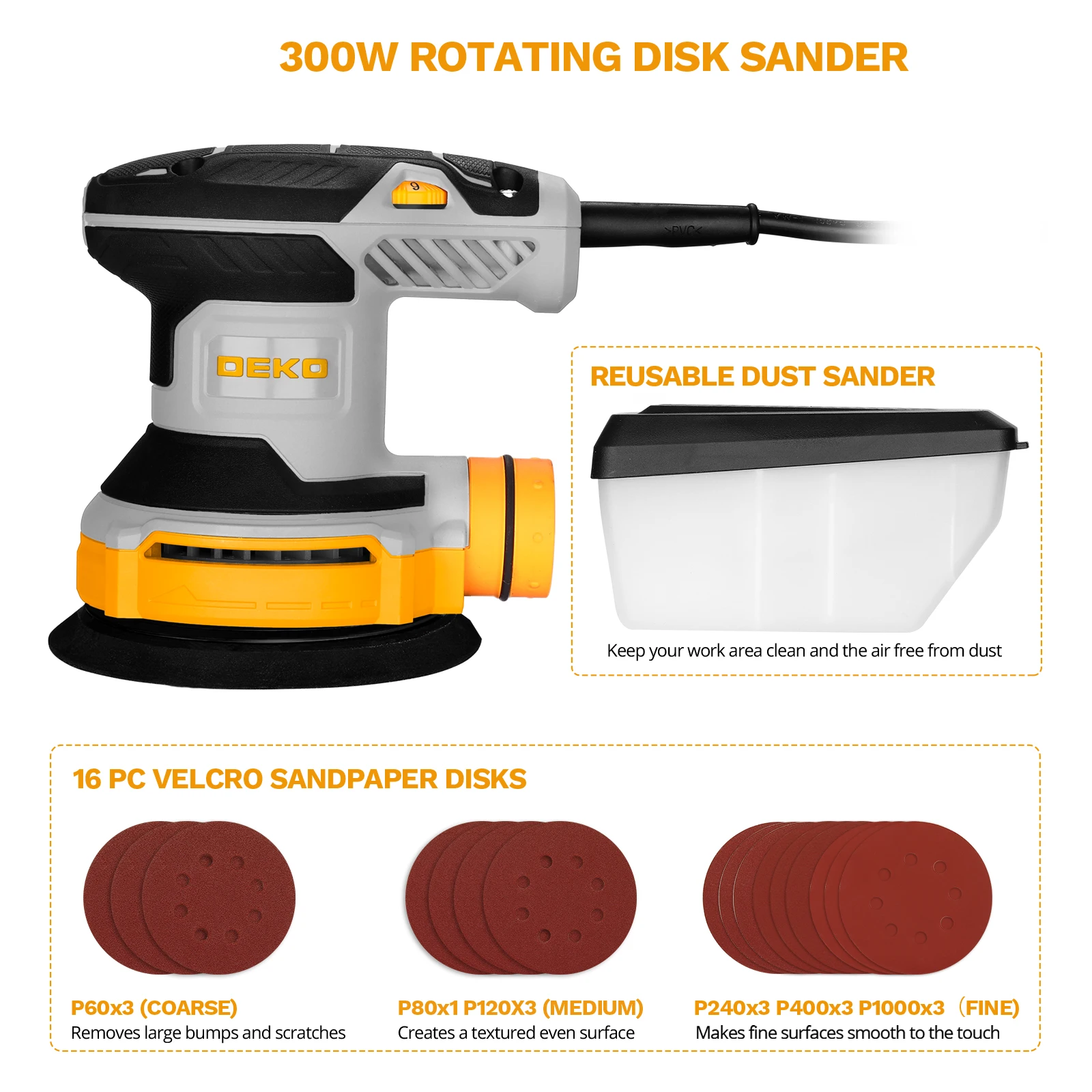 DEKO 300W Orbital Sander Sanding 14000RPM 16 Pieces Sandpaper 125 mm Pad Dust Collector for household Wood and Steel Surf
