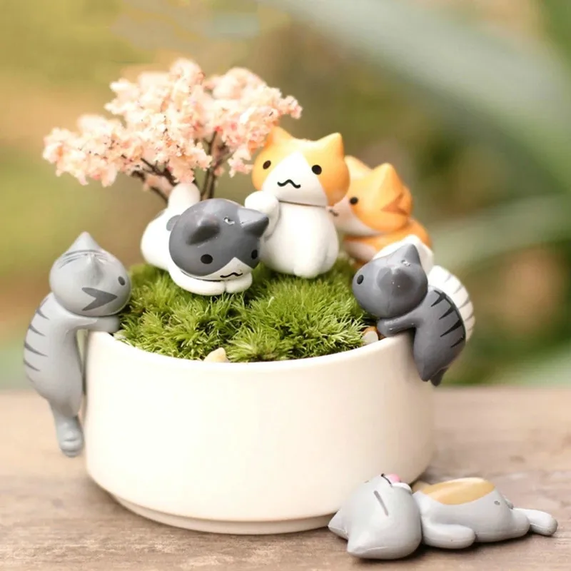 6Pcs/Set Creative Succulent Flowerpot Moss Micro Landscape Doll Cute Cat Simulation Decoration Doll Cake DIY Assembly Ornaments