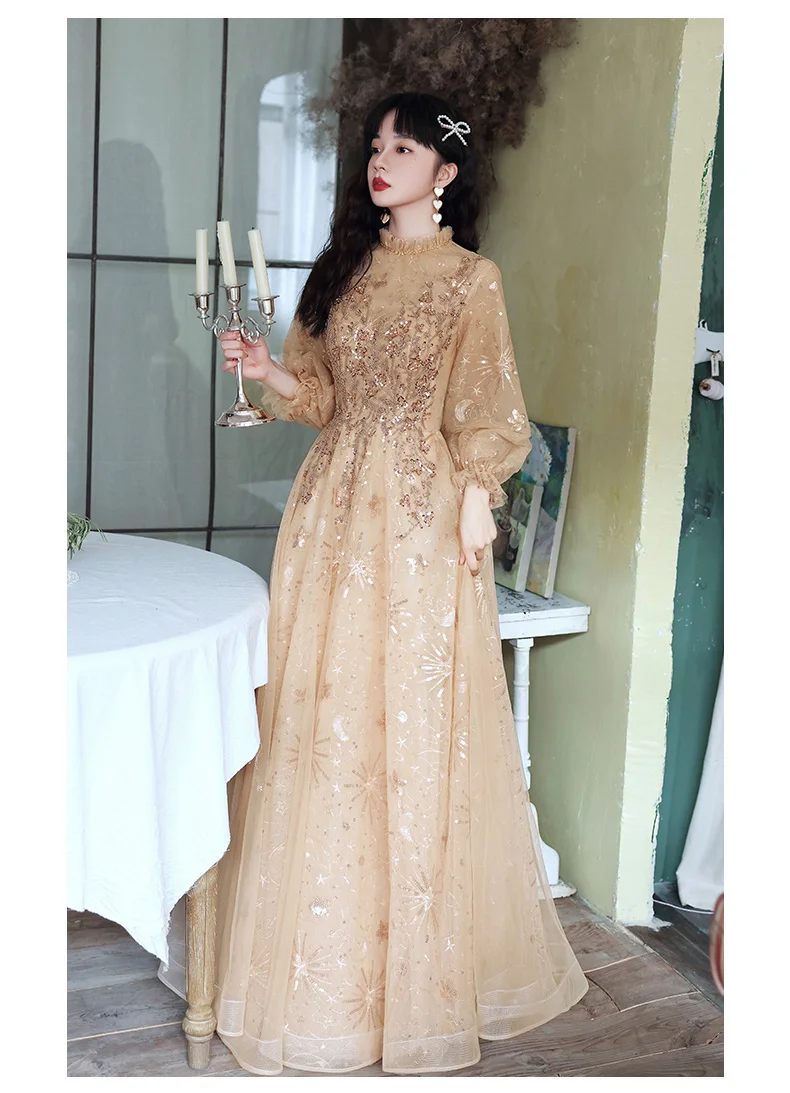 Modest Evening Dresses With Long Sleeves Luxury Appliquies Sequin Tulle Women Dresses Evening 2021 Modest Evening Dresses With Long Sleeves Luxury Appliquies Sequin Tulle Women Dresses Evening 2021