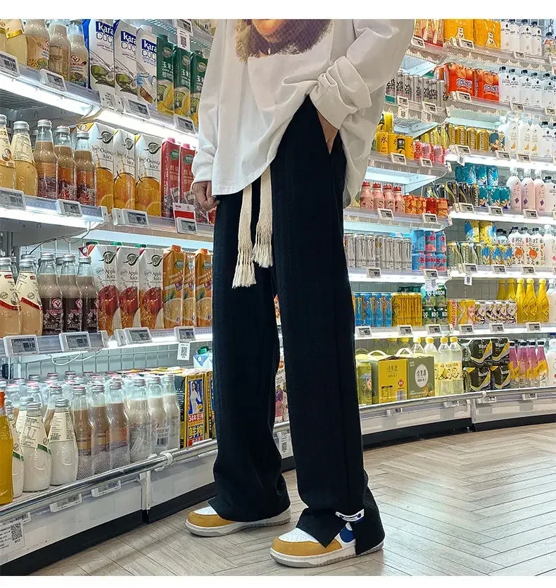 Description Picture 5 of itemMen High Street Sweatpants Fashion Loose Casual Side Slit Straight-Leg Pants Vintage Blue Jacquard Casual Bottoms Male Clothes
