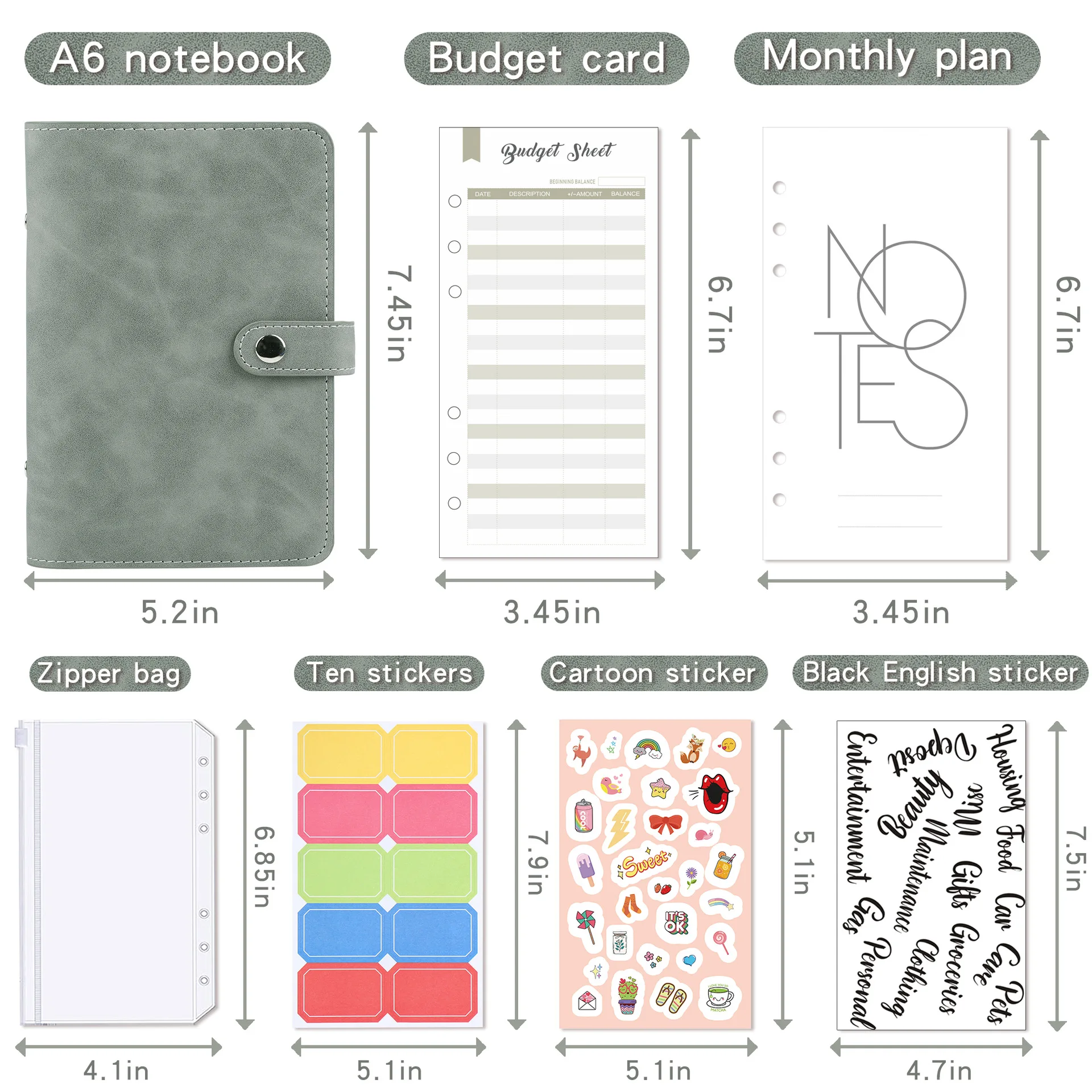 A6 Budget Planner Refill Paper Kit - Monthly Weekly Planner Sheets, 6-Ring Binder Inserts, Cash Envelope System, Greenery Pattern
