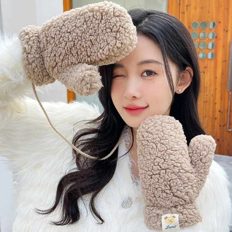 Women Winter Wool Fleece Cute Bear Label Gloves Girls Halter Neck Students Outdoor sport Riding Thickened Keep Warm Mittens