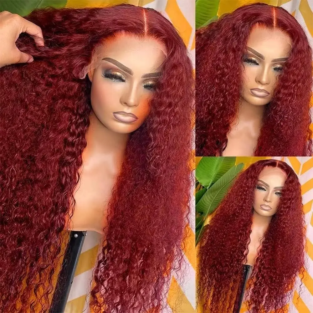 34 Inch Deep Wave Frontal Wig 99J Burgundy Curly  Lace Front Human Hair Wigs Red 13x4 13x6 HD Lace Frontal Wigs For Women