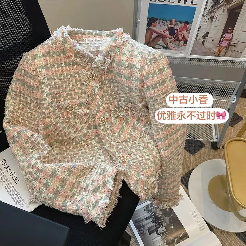 New Tweed Jacket Autumn Women Coat Korean Chic Long Sleeve Crop Top Tweed Blazer Party Outerwear Round Neck Harajuku