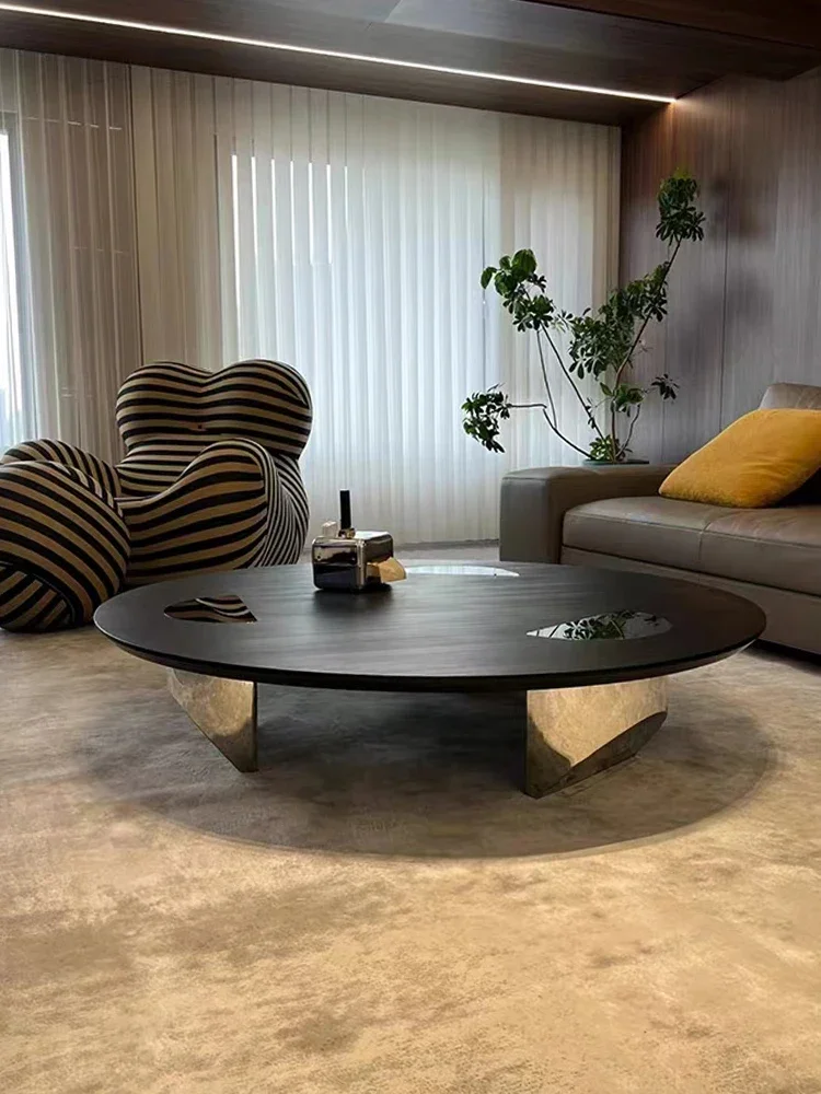 Minimalist Solid Wood Round Coffee Table Modern Simple Living Room Home Design Suspended Stainless Steel Small Apartment