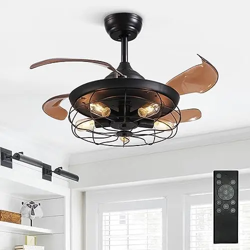 

Caged Ceiling Fan with Light Industrial Retractable Blades Ceiling Fan Lights with Remote Black Farmhouse Ceiling Fans with Lig