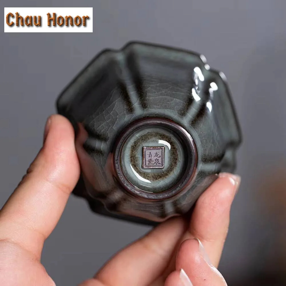 80ml Handmade Longquan Celadon Teacup Creative Hexagonal Palace Lamp Chazhan Iron Tyre Master Cup with Saucer Set Teaware Gifts